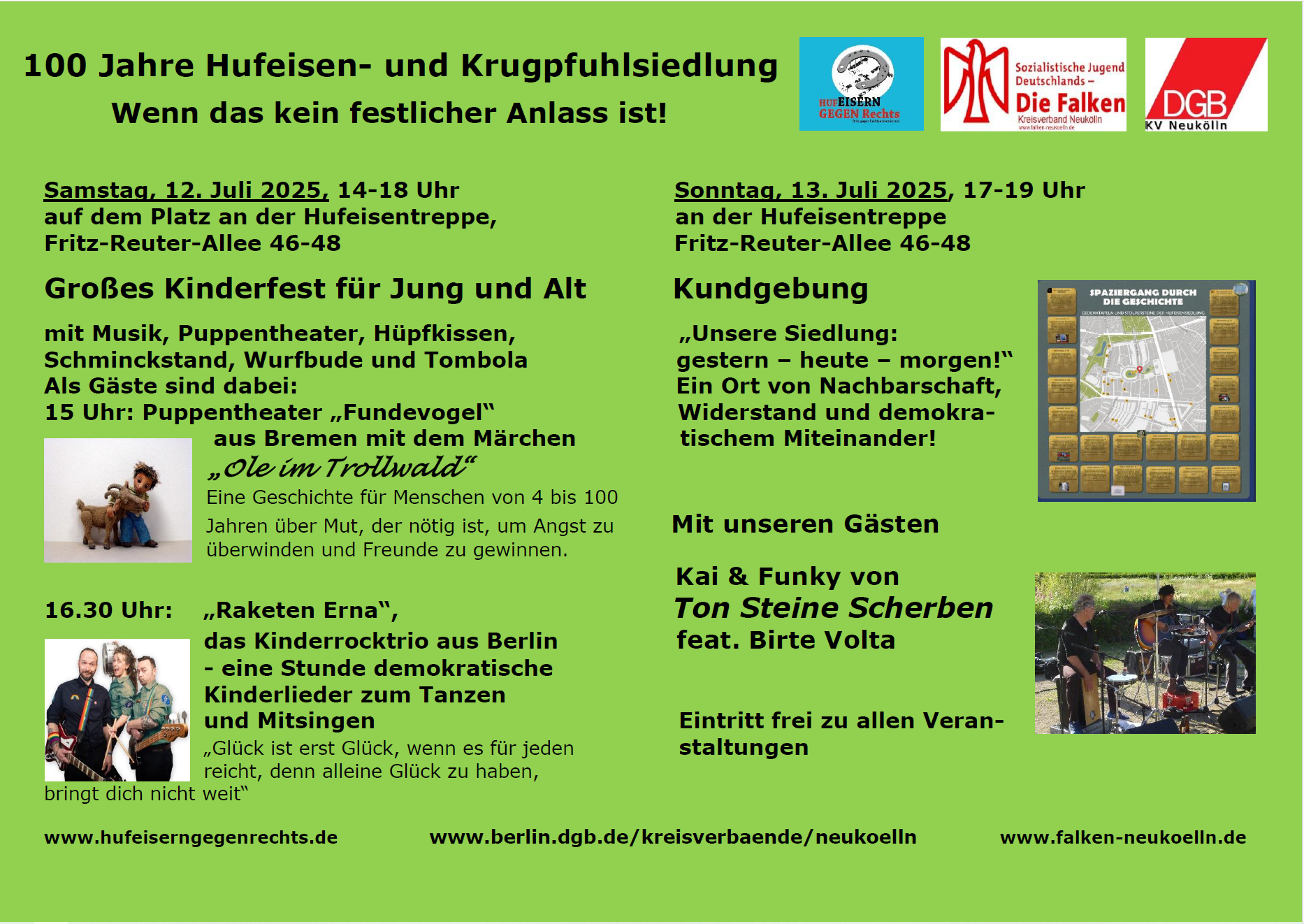 Großes Kinderfest für Jung und Alt am Samstag, 12. Juli 2025, 14-18 Uhr und Kundgebung am Sonntag, 13. Juli 2025, 17-19 Uhr, jeweils am Platz an der Hufeisentreppe, Fritz-Reuter-Allee 46-48