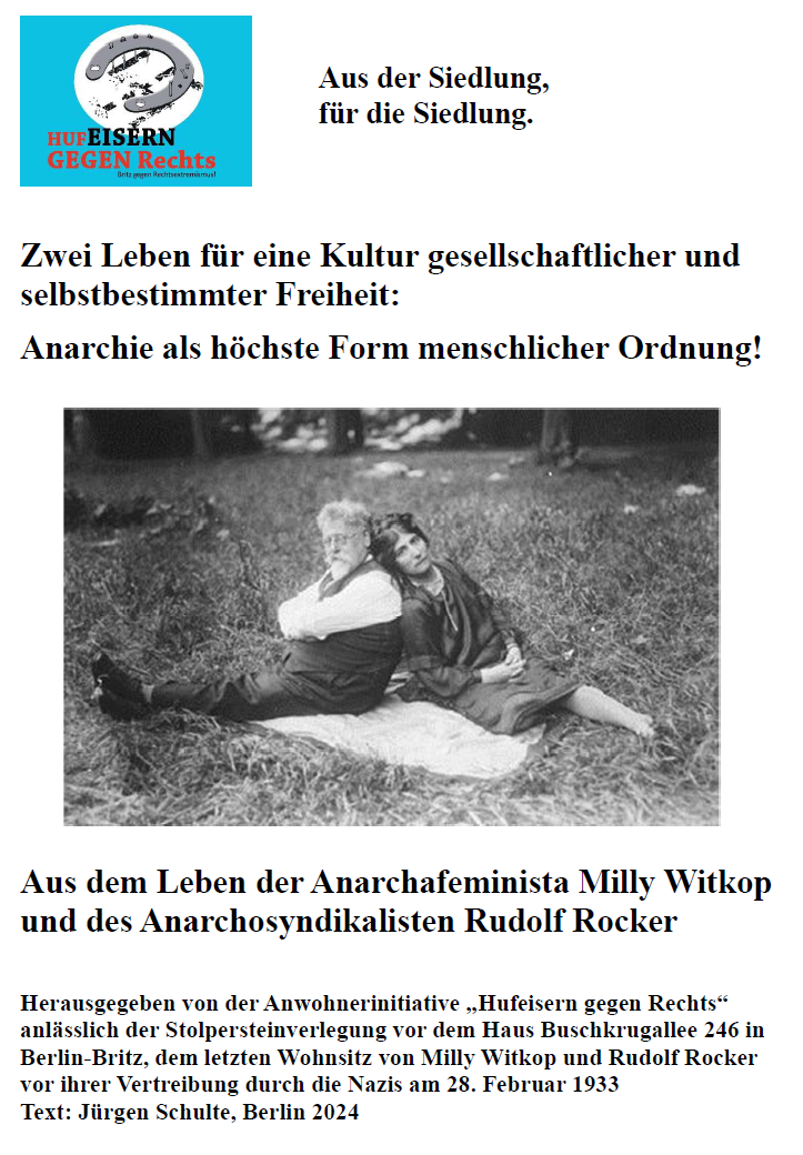 Titelblatt der Broschüre Milly Witkop und Rudolf Rocker