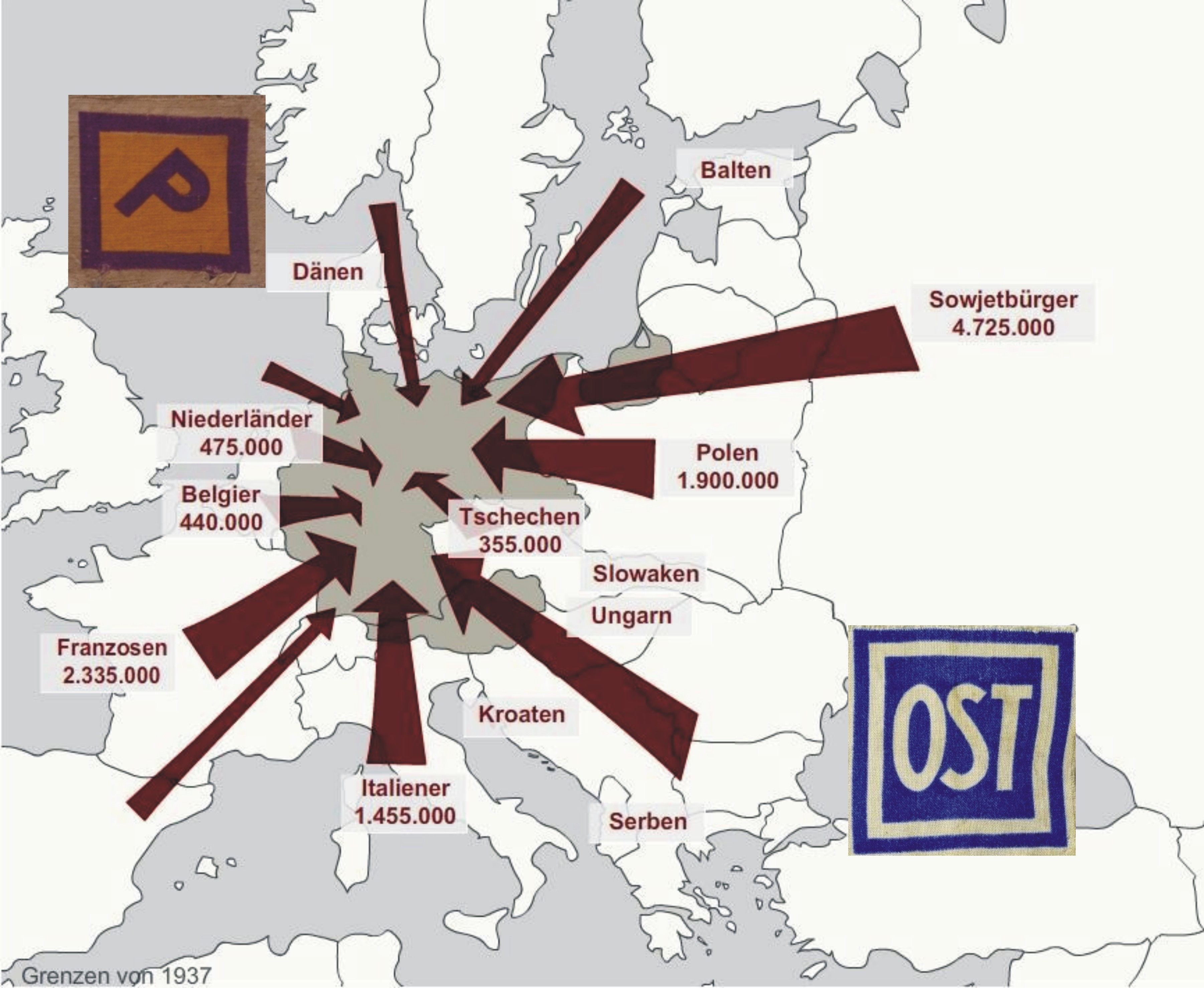 Grafik mit der Anzahl der Zwangsarbeiter in Deutschland bezogen auf die Herkunfstländer